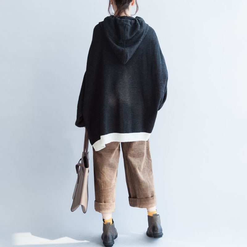 Noir Épais Chaud Rayé Patchwork Laine Tricot Hauts Gros Pull À Capuche Surdimensionné - Manteaux en laine femmes