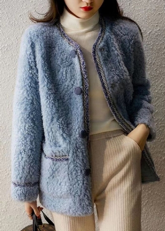 Nouveau Bleu O Cou Poches Bouton Patchwork Manteau De Laine Hiver