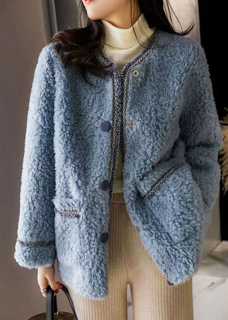 Nouveau Bleu O Cou Poches Bouton Patchwork Manteau De Laine Hiver - Manteaux en laine femmes