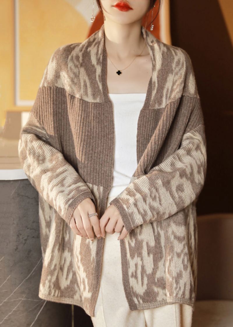 Nouveau Camel Poches Patchwork Laine Tricot Cardigan Manches Chauve-souris - Manteaux en laine femmes