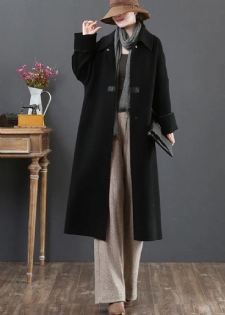 Nouveau Manteau Ample Long Manteaux D'hiver Noir Poches À Revers En Laine