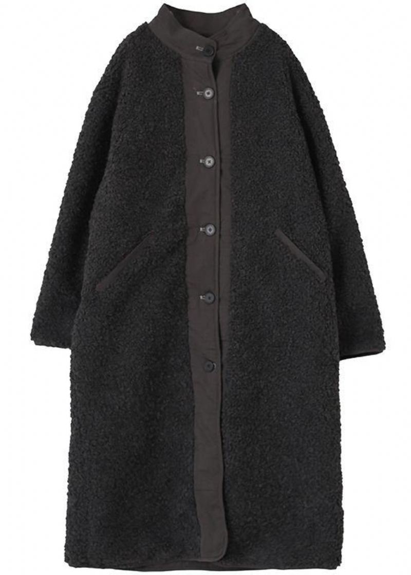 Nouveau Manteau En Laine Noire Pour Femme D'hiver Décontracté Col Rond Deux Façons De Porter - Noir