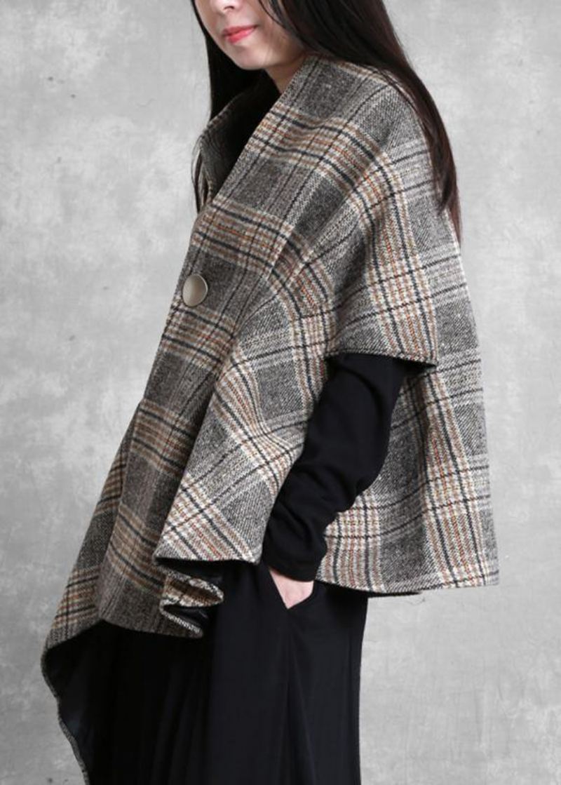 Nouveau Manteau De Longueur Moyenne Grande Taille Vêtements D'extérieur Kaki Plaid Asymétrique Manches Chauve-souris Manteaux De Laine - Manteaux en laine femmes