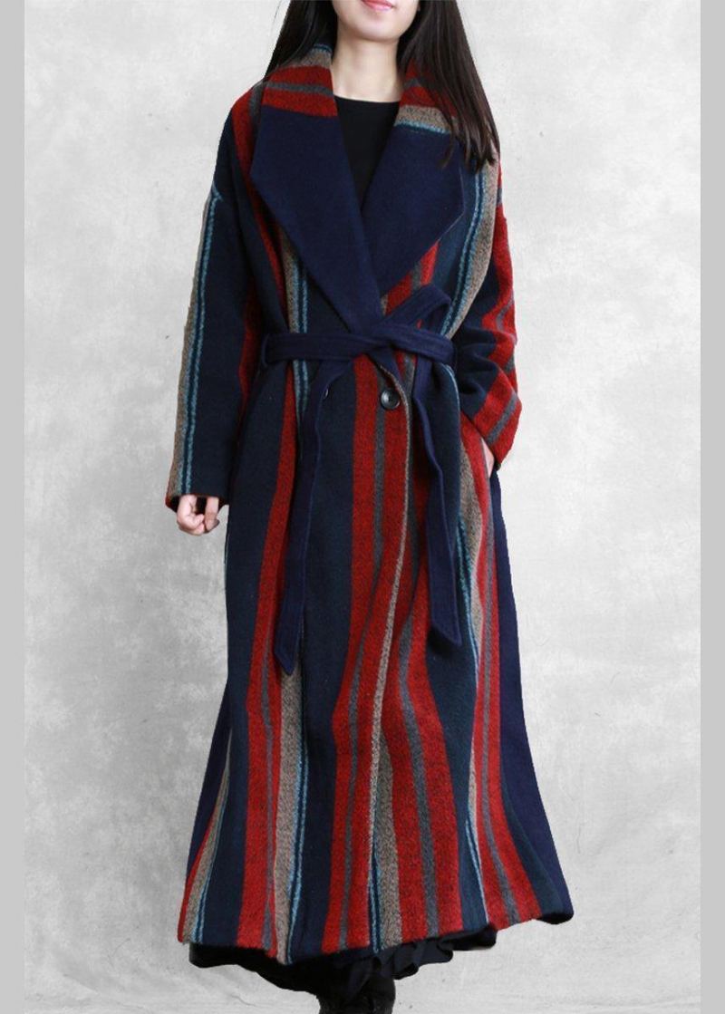 Nouveau Manteau Maxi Grande Taille Bleu Rouge Rayé Vestes En Laine À Nouer À La