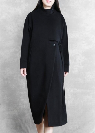 Nouveau Manteau Noir Femmes Décontracté Col Montant Asymétrique Long Laine Vêtements D'extérieur