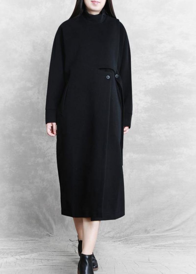 Nouveau Manteau Noir Femmes Décontracté Col Montant Asymétrique Long Laine Vêtements D'extérieur - Manteaux en laine femmes