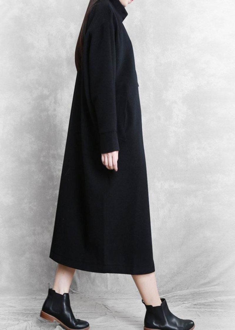 Nouveau Manteau Noir Femmes Décontracté Col Montant Asymétrique Long Laine Vêtements D'extérieur - Manteaux en laine femmes