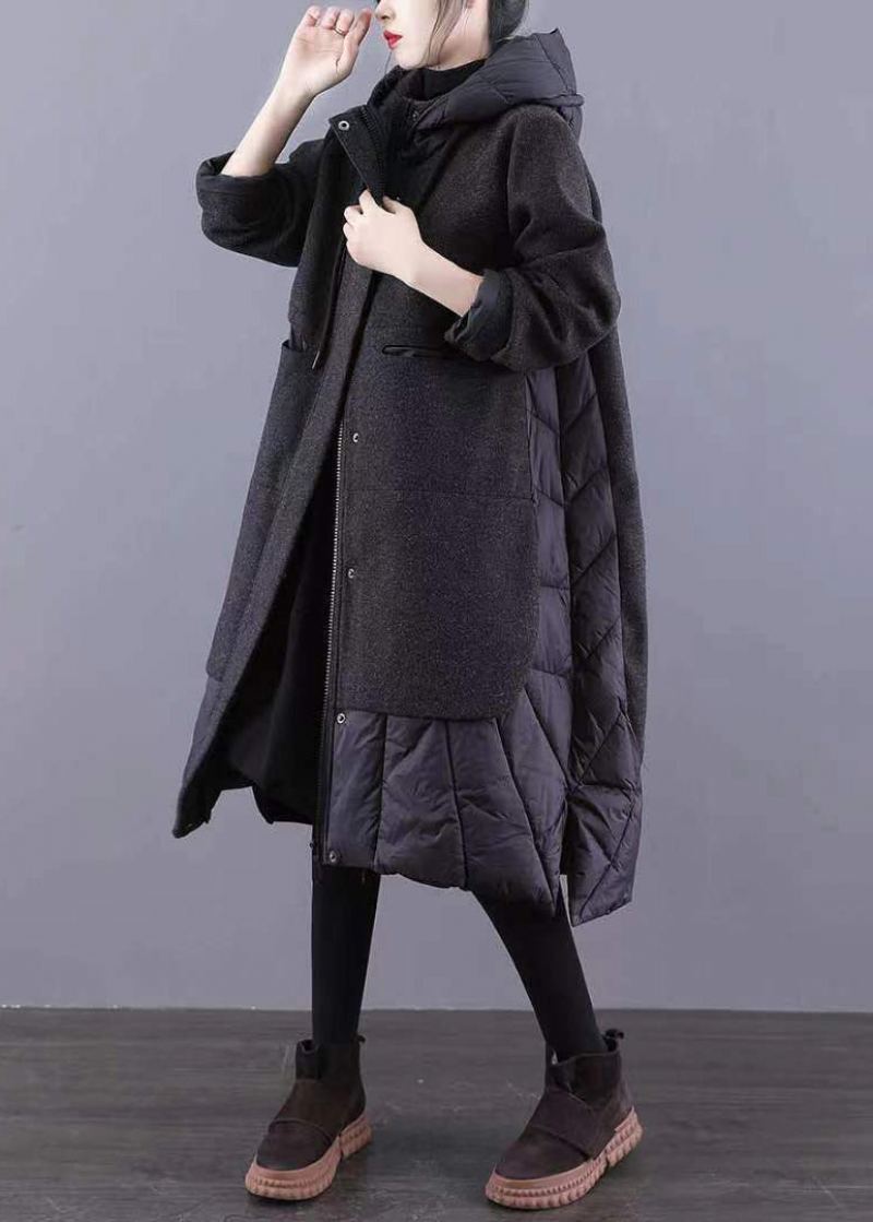 Nouveau Noir À Capuche Poches Patchwork Épais Laine Long Manteau Hiver - Manteaux en laine femmes