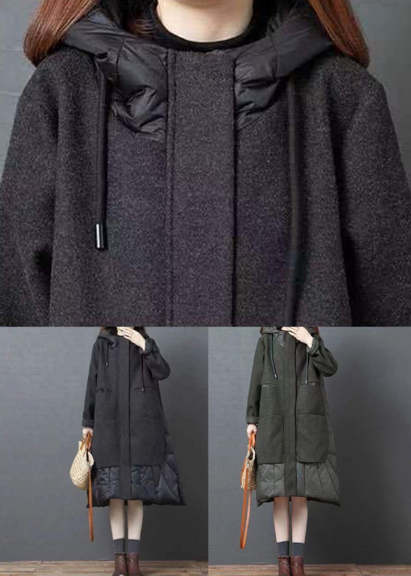 Nouveau Noir À Capuche Poches Patchwork Épais Laine Long Manteau Hiver - Manteaux en laine femmes