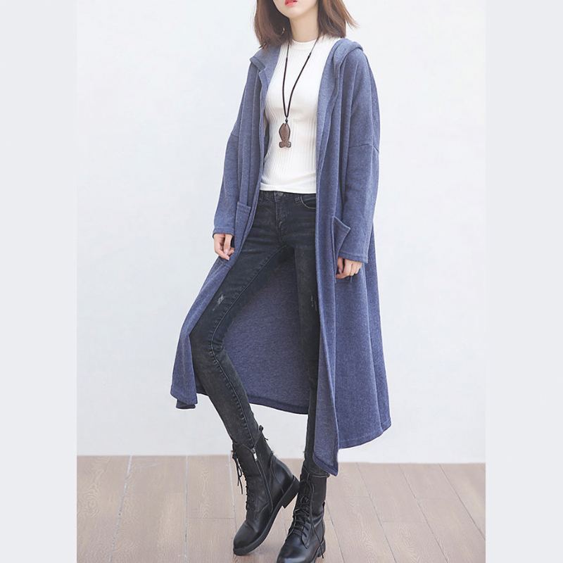 Nouveau Pardessus En Laine Bleu Vêtements Grande Taille Grandes Poches Trench Coat À Capuche