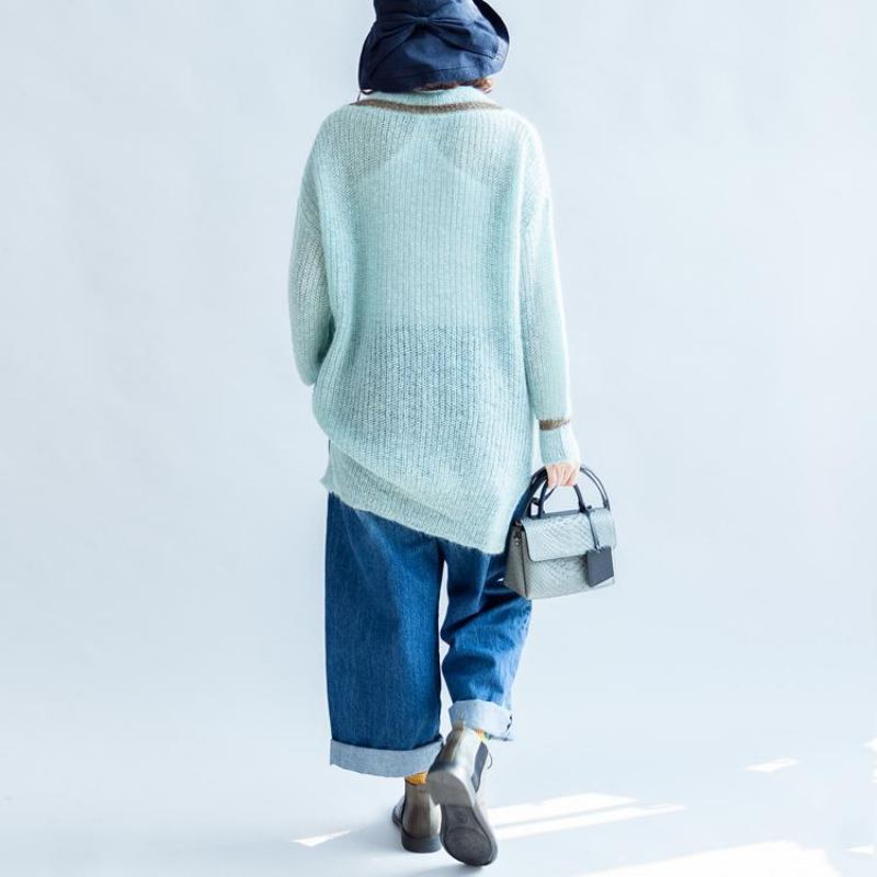 Nouveau Pull En Laine Chaud Bleu Clair Surdimensionné Décontracté Col En V Hauts En Tricot - Manteaux en laine femmes