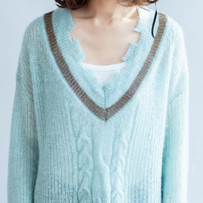 Nouveau Pull En Laine Chaud Bleu Clair Surdimensionné Décontracté Col En V Hauts En Tricot - Manteaux en laine femmes