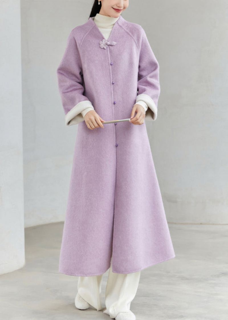 Nouveau Style Chinois Violet Col En V Bouton Patchwork Manteaux De Laine En Vrac Hiver - Manteaux en laine femmes