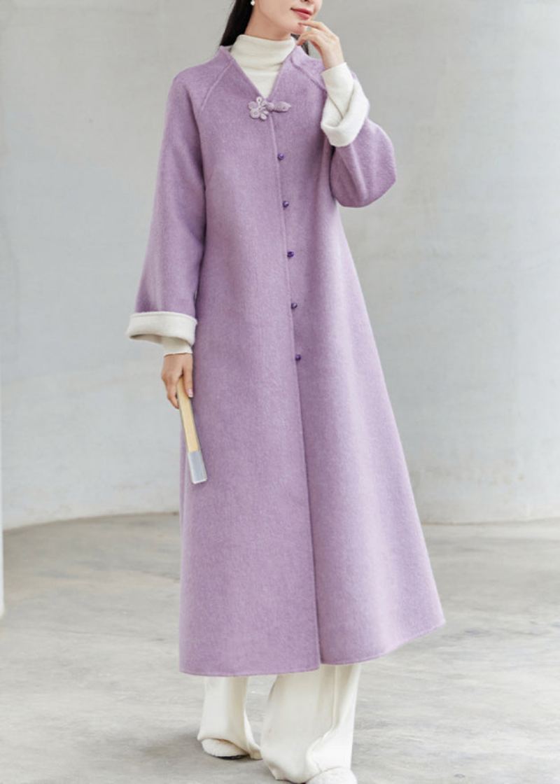 Nouveau Style Chinois Violet Col En V Bouton Patchwork Manteaux De Laine En Vrac Hiver - Manteaux en laine femmes