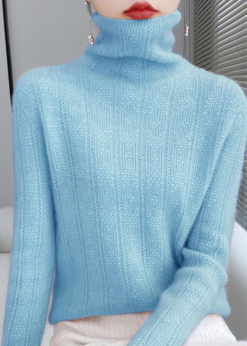 Nouveauté Lac Bleu Col Roulé Évider Laine Tricot Pulls Automne