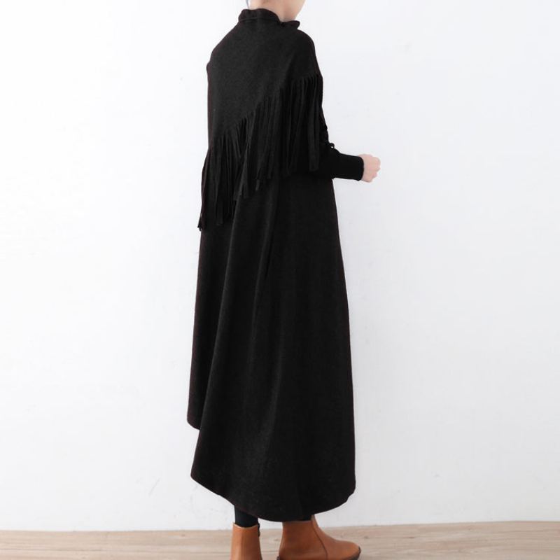 Nouvelle Robe En Laine Noire Décontracté Gland D'hiver Élégante Ourlet Asymétrique - Bordeaux