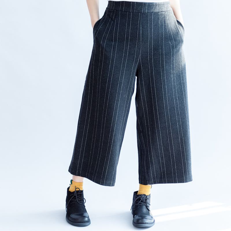 Pantalon En Coton Et Laine Décontracté Gris Foncé Large Rayé À La Mode