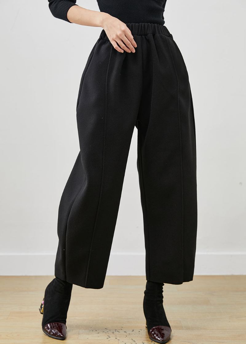 Pantalon Court En Laine Noir Surdimensionné Style Bohémien Taille Élastique Printemps