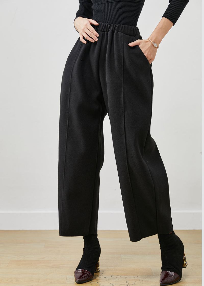 Pantalon Court En Laine Noir Surdimensionné Style Bohémien Taille Élastique Printemps - Manteaux en laine femmes