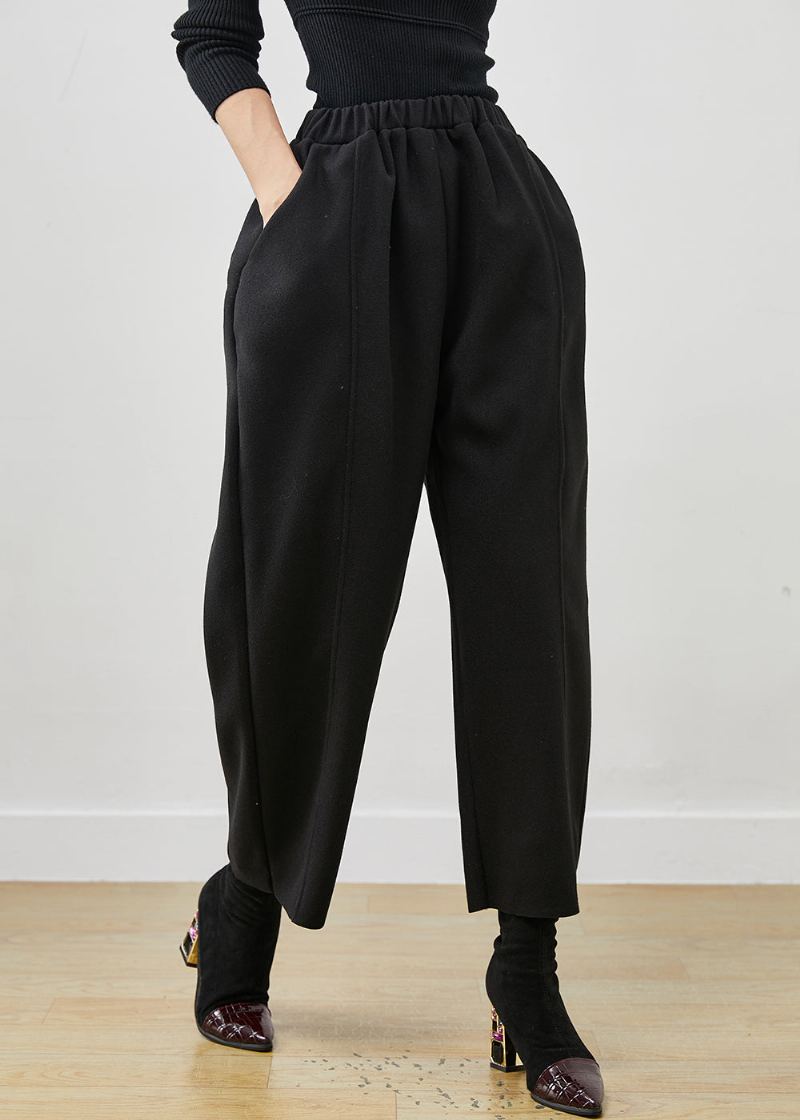 Pantalon Court En Laine Noir Surdimensionné Style Bohémien Taille Élastique Printemps - Manteaux en laine femmes