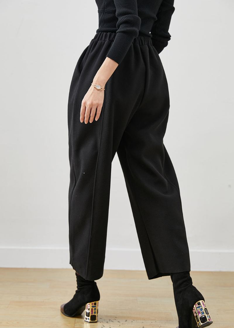 Pantalon Court En Laine Noir Surdimensionné Style Bohémien Taille Élastique Printemps - Manteaux en laine femmes