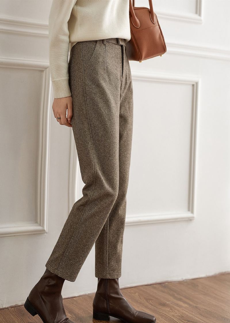 Pantalon Droit En Laine À Fermeture Éclair Avec Poches Boutonnées Beiges À La Mode Automne - Beige