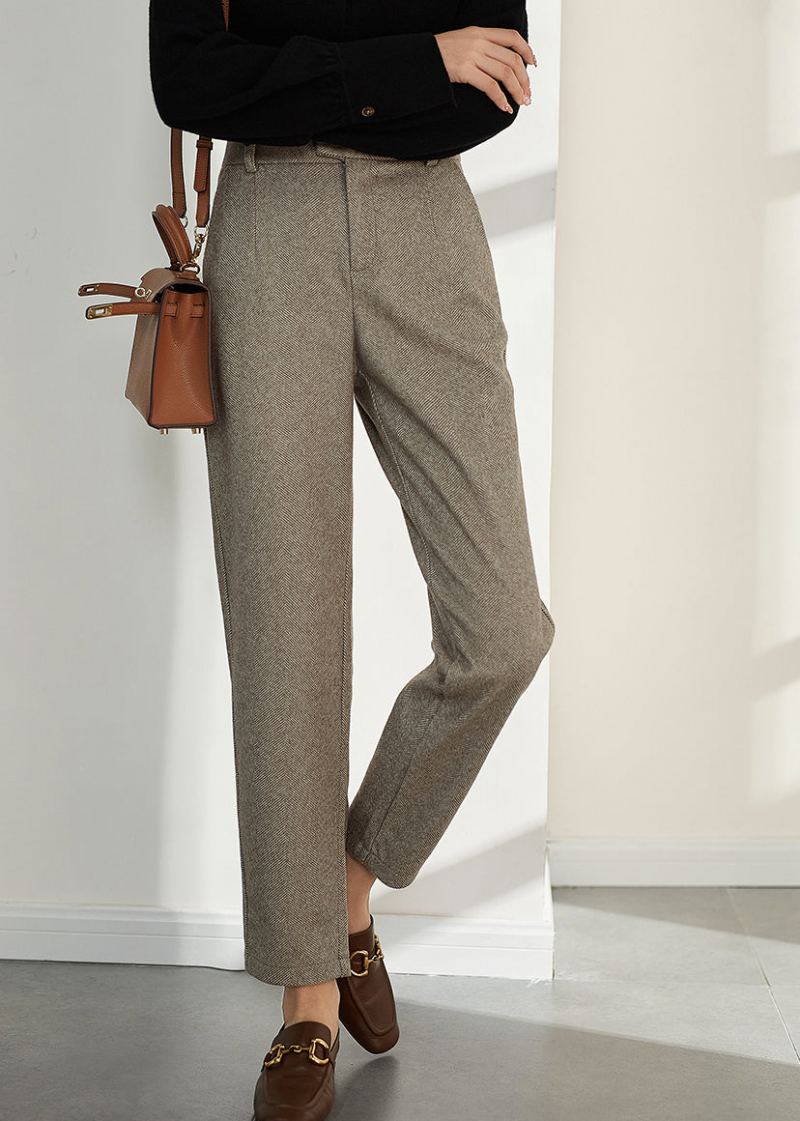 Pantalon Droit En Laine À Fermeture Éclair Avec Poches Boutonnées Beiges À La Mode Automne - Beige