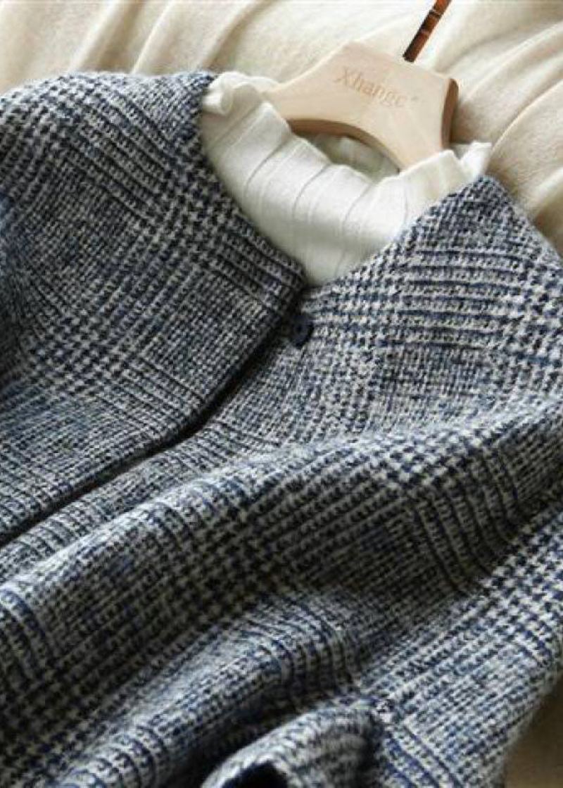 Parka D'automne En Laine À Manches Trois-quarts À Carreaux Gris Fin Avec Col Rond Et Boutons - Manteaux en laine femmes