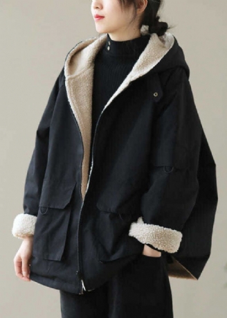 Parka D'hiver À Capuche Doublée De Laine Polaire Zippée Noire Vintage