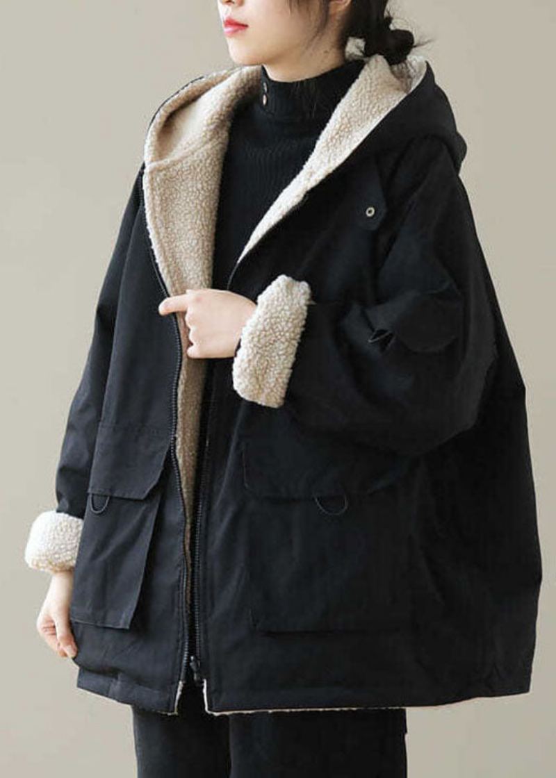 Parka D'hiver À Capuche Doublée De Laine Polaire Zippée Noire Vintage - Noir