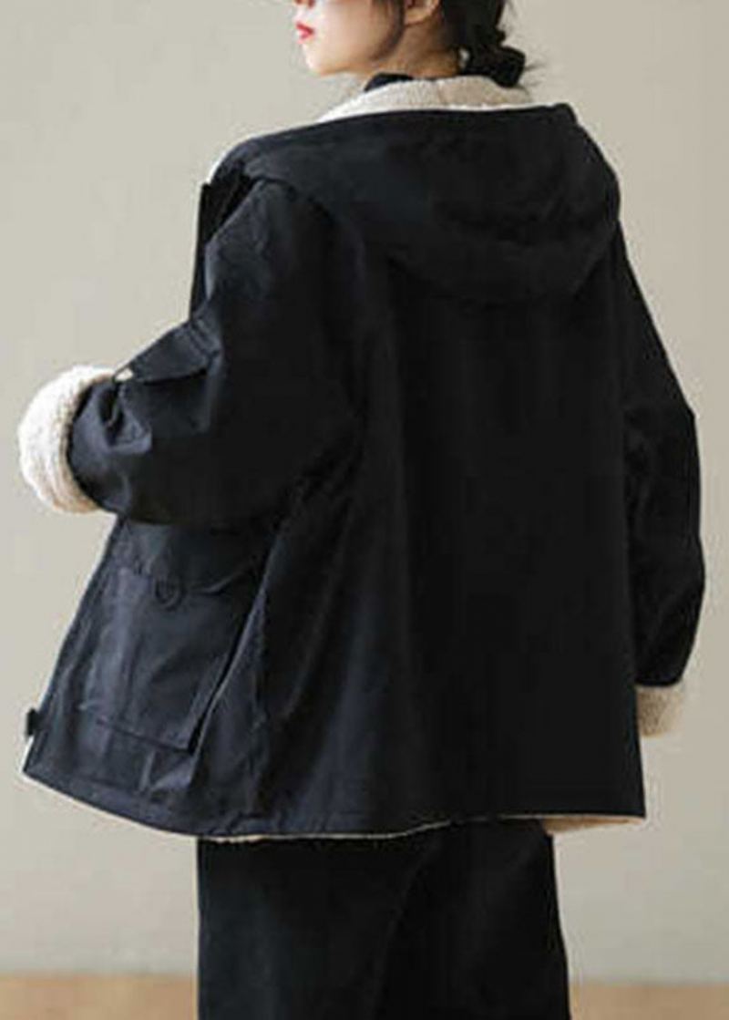 Parka D'hiver À Capuche Doublée De Laine Polaire Zippée Noire Vintage - Noir