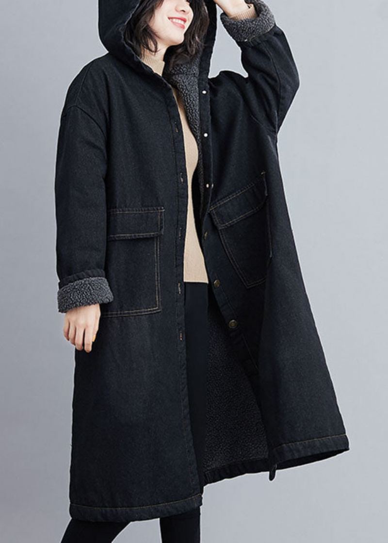 Parka D'hiver En Denim Noir Italien Avec Poches À Capuche Et Doublure En Laine Polaire