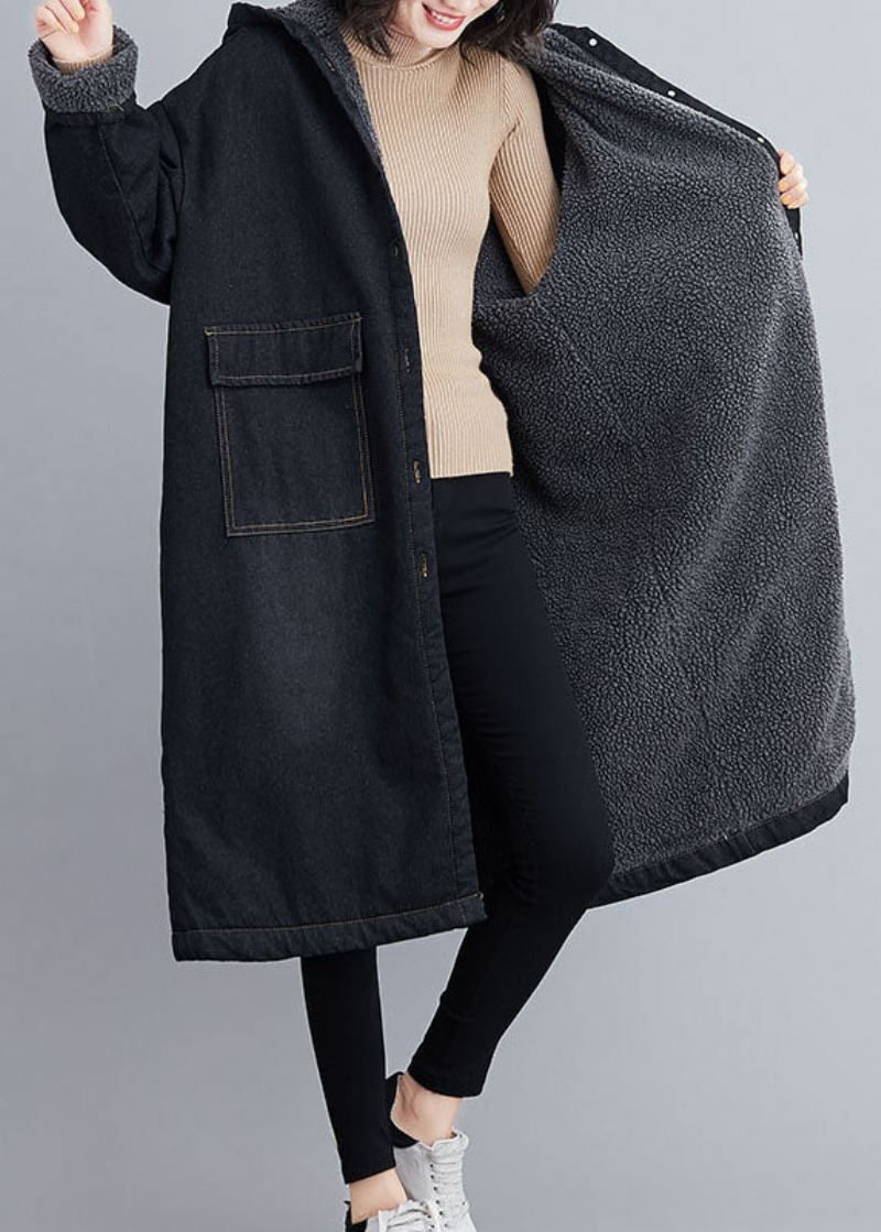 Parka D'hiver En Denim Noir Italien Avec Poches À Capuche Et Doublure En Laine Polaire - Manteaux en laine femmes