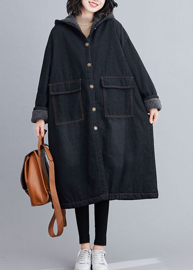 Parka D'hiver En Denim Noir Italien Avec Poches À Capuche Et Doublure En Laine Polaire - Manteaux en laine femmes