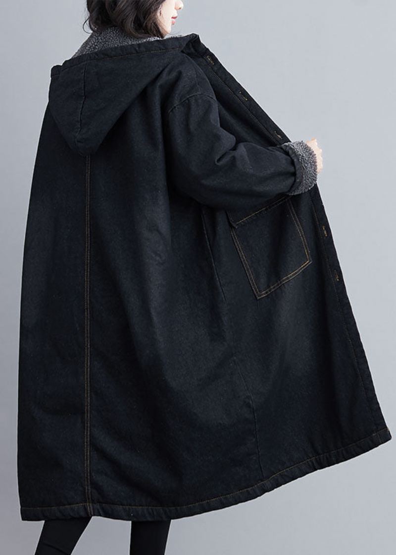 Parka D'hiver En Denim Noir Italien Avec Poches À Capuche Et Doublure En Laine Polaire - Manteaux en laine femmes