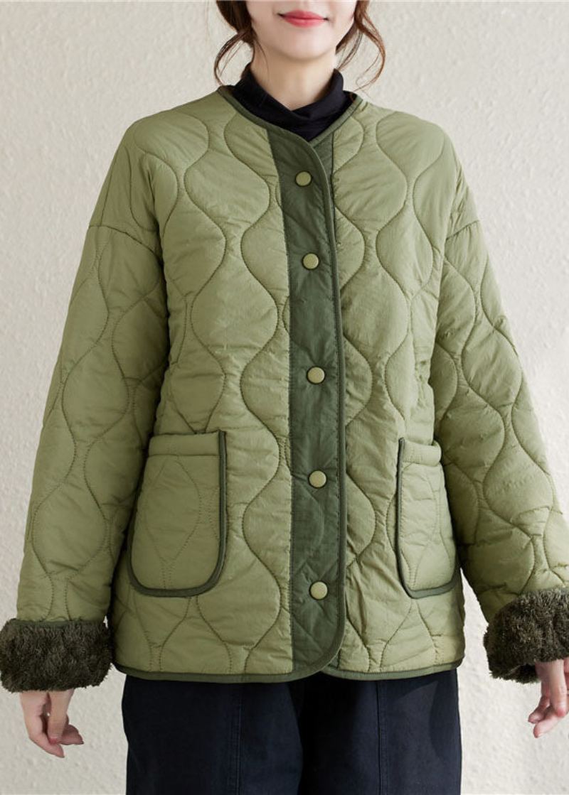 Parka D'hiver Doublée De Laine Polaire Vert Armée Col Rond Poches Patchwork Boutons Grande Taille - Manteaux en laine femmes