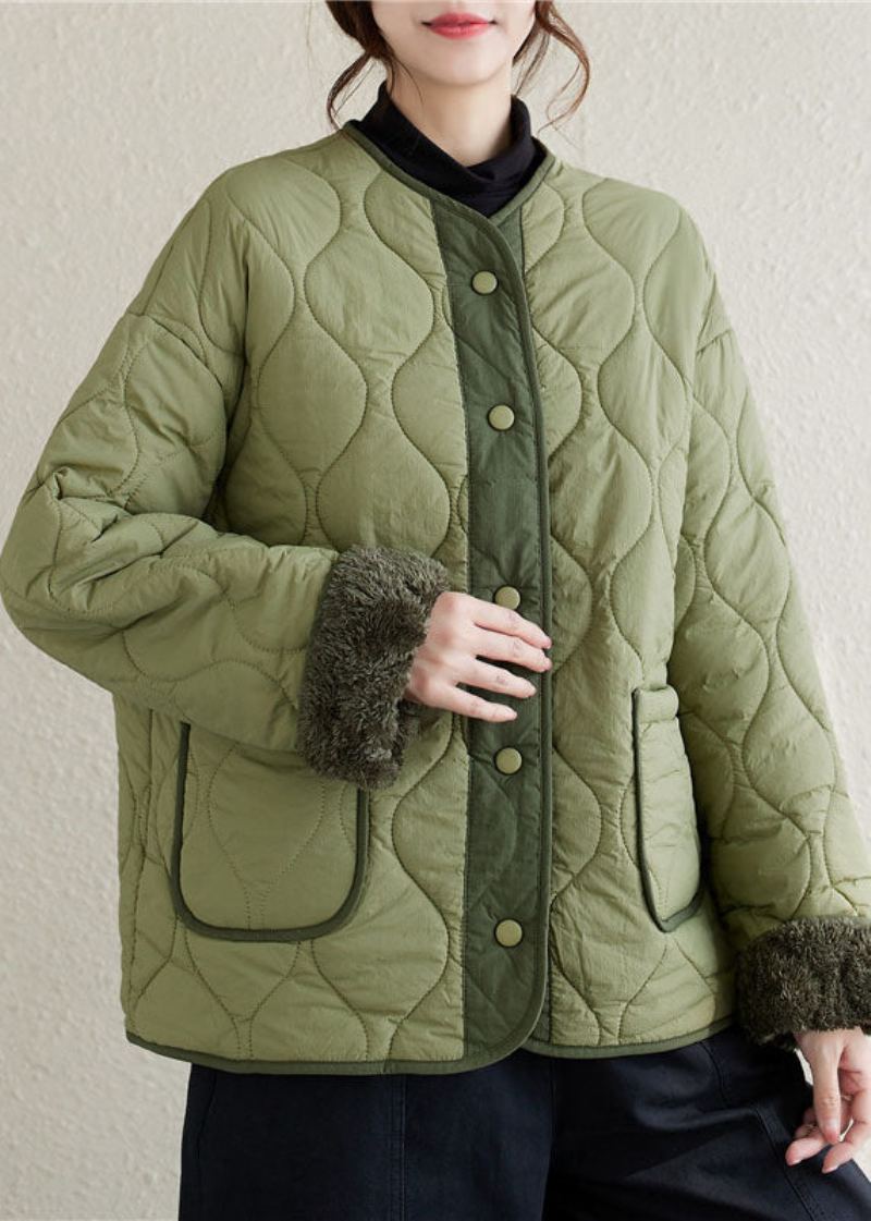 Parka D'hiver Doublée De Laine Polaire Vert Armée Col Rond Poches Patchwork Boutons Grande Taille - Manteaux en laine femmes