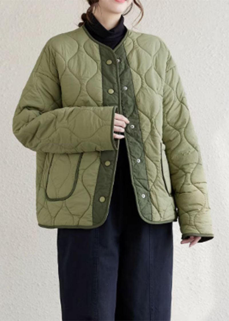 Parka D'hiver Doublée De Laine Polaire Vert Armée Col Rond Poches Patchwork Boutons Grande Taille - Manteaux en laine femmes