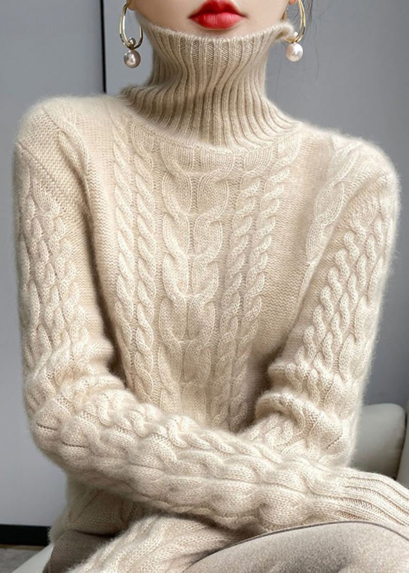 Pull À Col Roulé En Laine Pour Femmes Blanc Tricot Torsadé Manches Longues - Manteaux en laine femmes