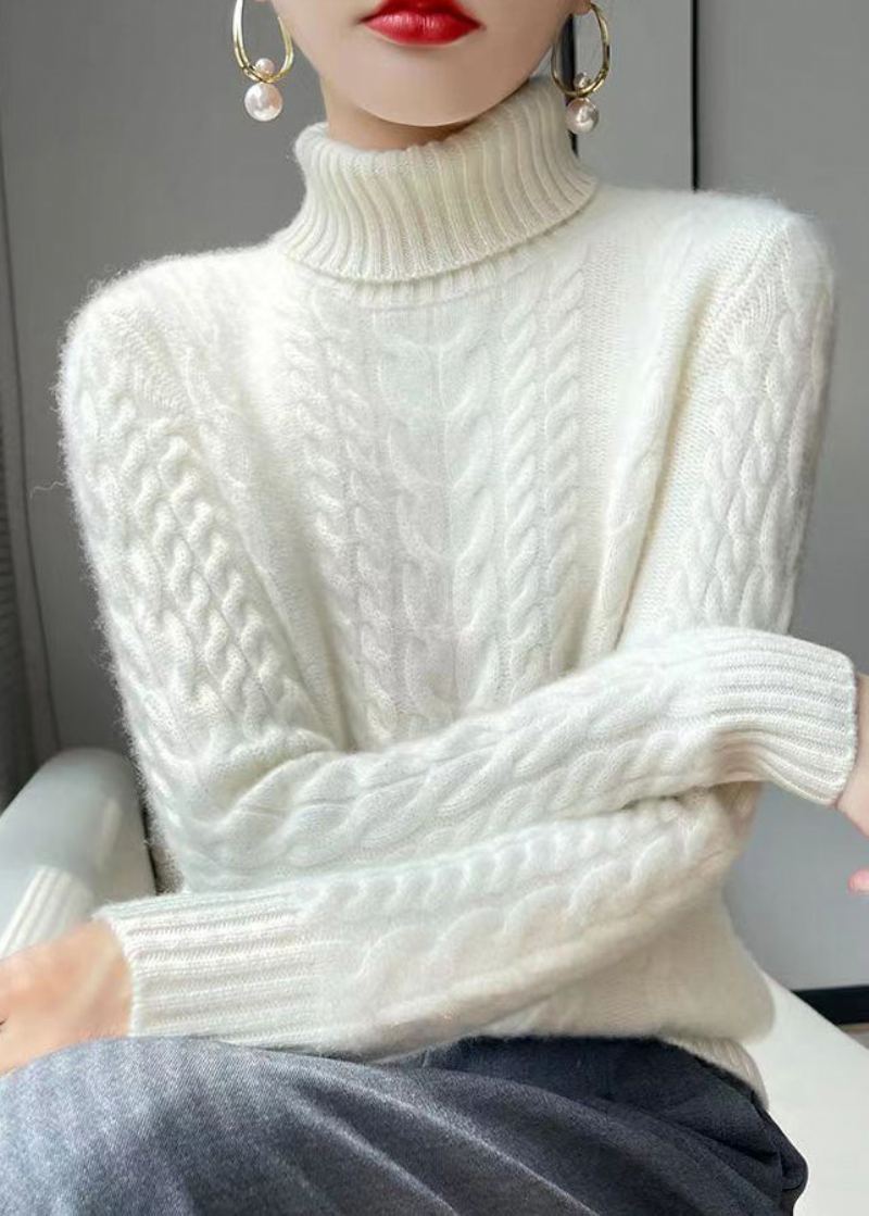 Pull À Col Roulé En Laine Pour Femmes Blanc Tricot Torsadé Manches Longues - Manteaux en laine femmes