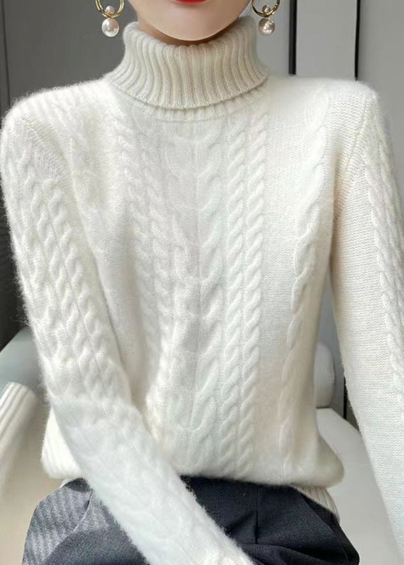 Pull À Col Roulé En Laine Pour Femmes Blanc Tricot Torsadé Manches Longues - Manteaux en laine femmes