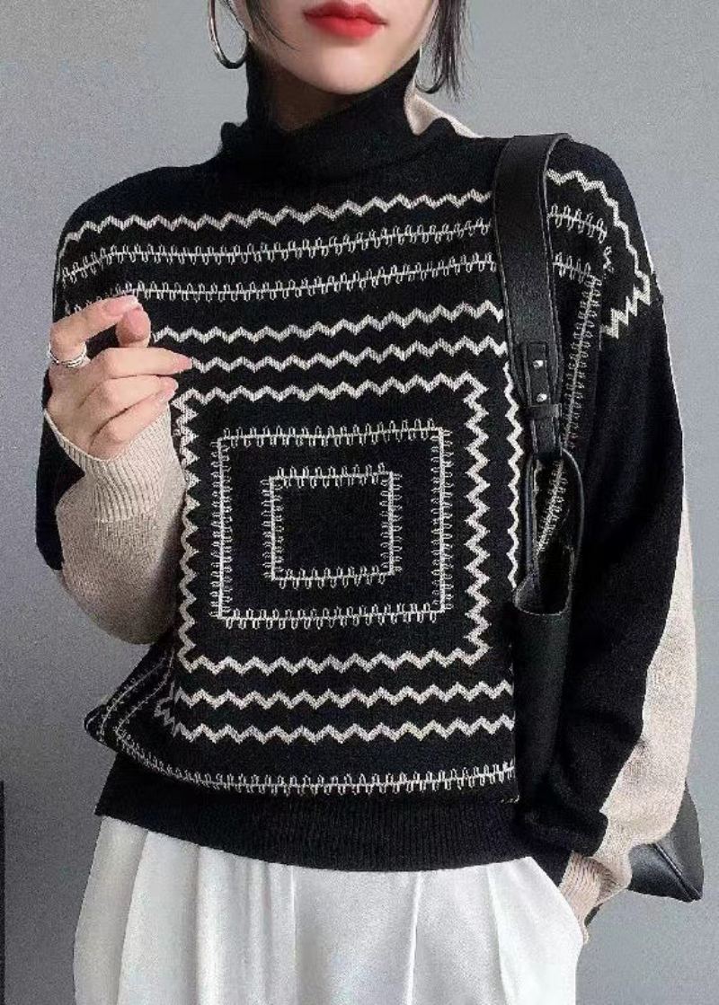 Pull À Col Roulé Noir Pour Femme Vêtement Des Deux Côtés En Tricot De Laine Automne