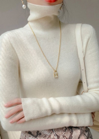 Pull Court En Laine Blanc Simple Col Haut Chaud Hiver