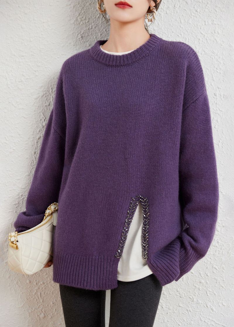 Pull Élégant En Tricot De Coton Et Laine Au Design Asymétrique Camel À Manches Longues - Violet