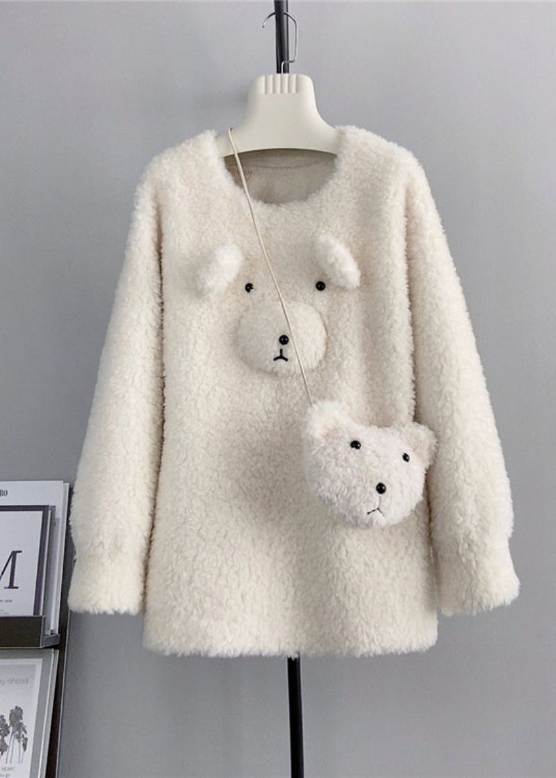 Pull D'hiver En Laine À Col Rond Et Ours En Peluche Joli Café - Manteaux en laine femmes