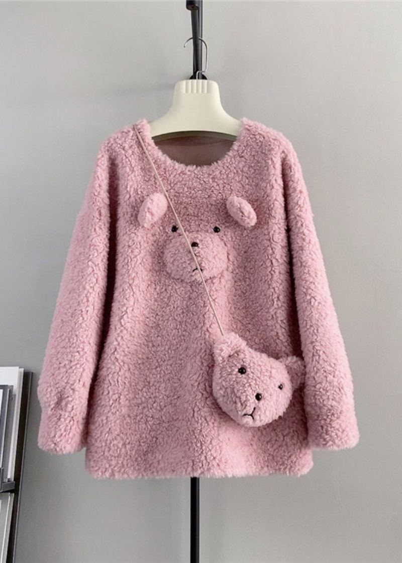 Pull D'hiver En Laine À Col Rond Et Ours En Peluche Joli Café - Manteaux en laine femmes