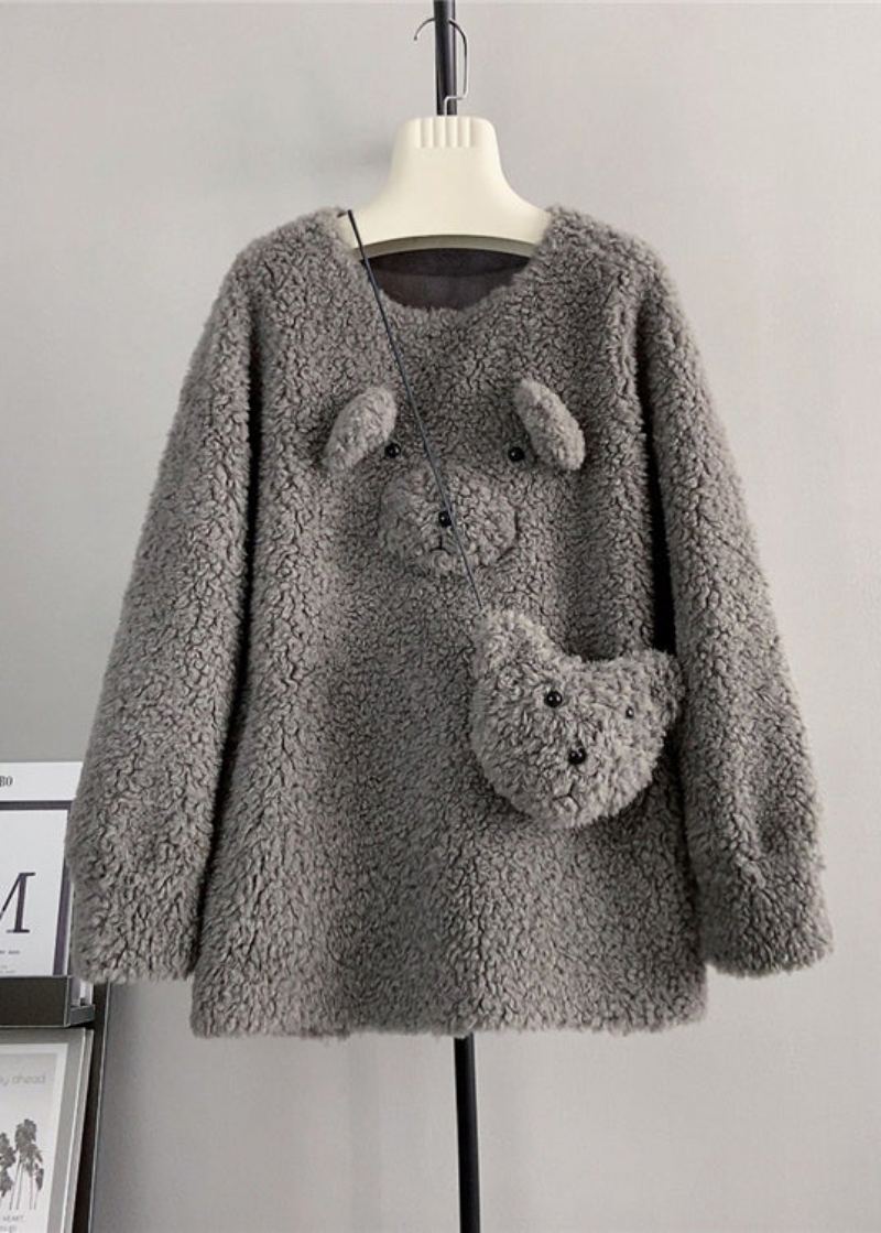 Pull D'hiver En Laine À Col Rond Et Ours En Peluche Joli Café - Manteaux en laine femmes