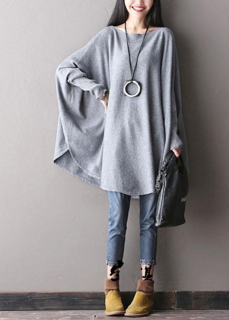 Pull En Laine D'automne Décontracté À Manches Chauve-souris Gris Chic