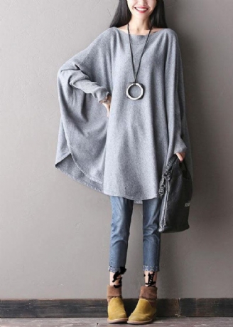 Pull En Laine D'automne Décontracté À Manches Chauve-souris Gris Chic