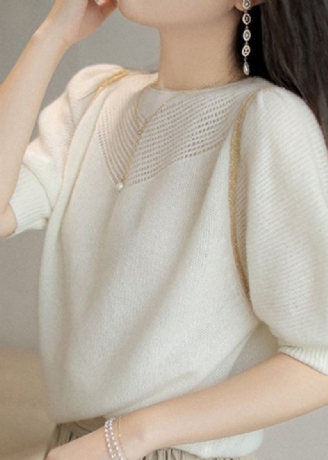 Pull En Laine Blanc À Col Rond Pour Femme Manches Bouffantes Ajouré